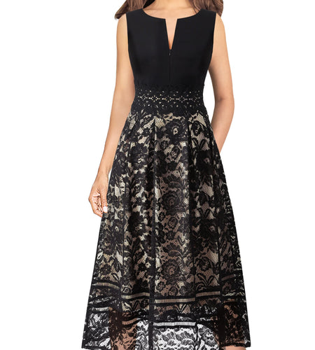 VFSHOW Womens Black Lace Tie Waist Front Zipper Slim A-Line Dress Size L