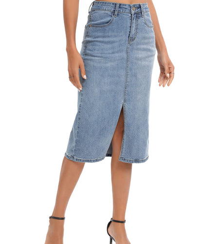 ETTELO Midi Denim Skirt High Waisted Slit Casual Stretch Deep Blue Size XX-Large