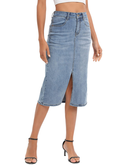 Load image into Gallery viewer, ETTELO Midi Denim Skirt High Waisted Slit Casual Stretch Deep Blue Size XX-Large
