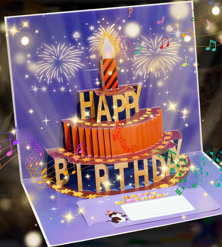 CANREVEL 3D Pop Up Fireworks Birthday Card LED Music Orange Cake Color