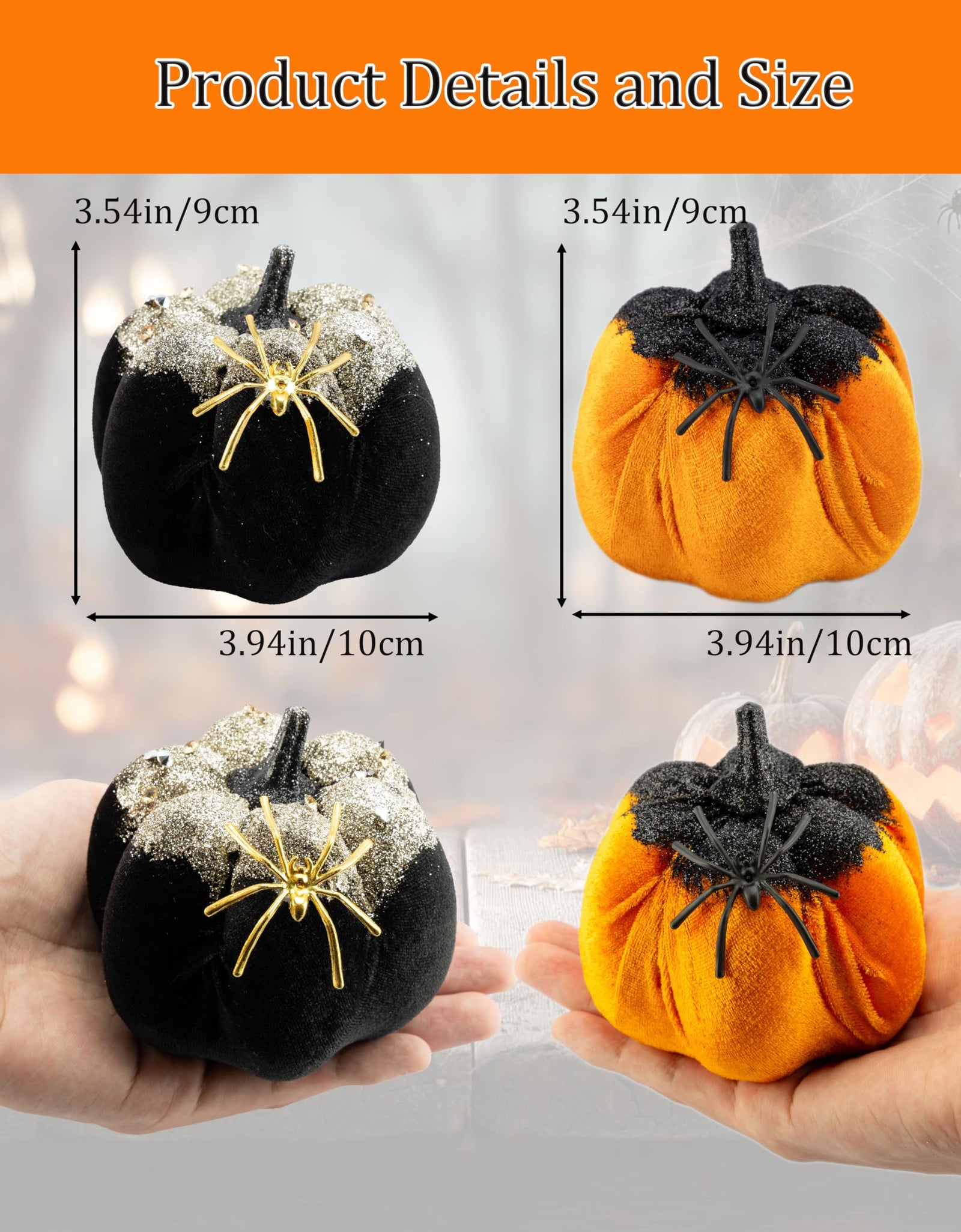 Generic Velvet Halloween Pumpkin Decor 4PCS Black Orange 3.94x3.54in