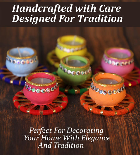 4OUR FAITH Matki Wax Filled Diya Set Handpainted Terracotta 6 Pc Multicolor