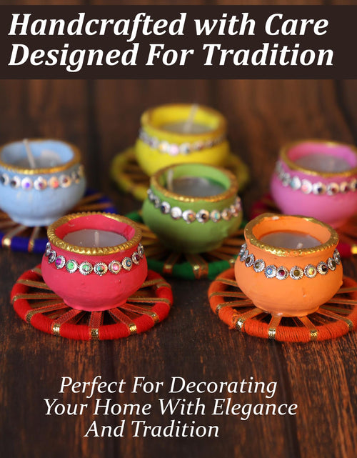 Load image into Gallery viewer, 4OUR FAITH Matki Wax Filled Diya Set Handpainted Terracotta 6 Pc Multicolor
