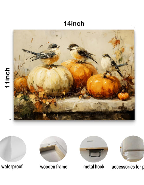 Load image into Gallery viewer, Pugwak Vintage Fall Pumpkin Bird Wall Art Canvas Print 11x14 Inch Landscape
