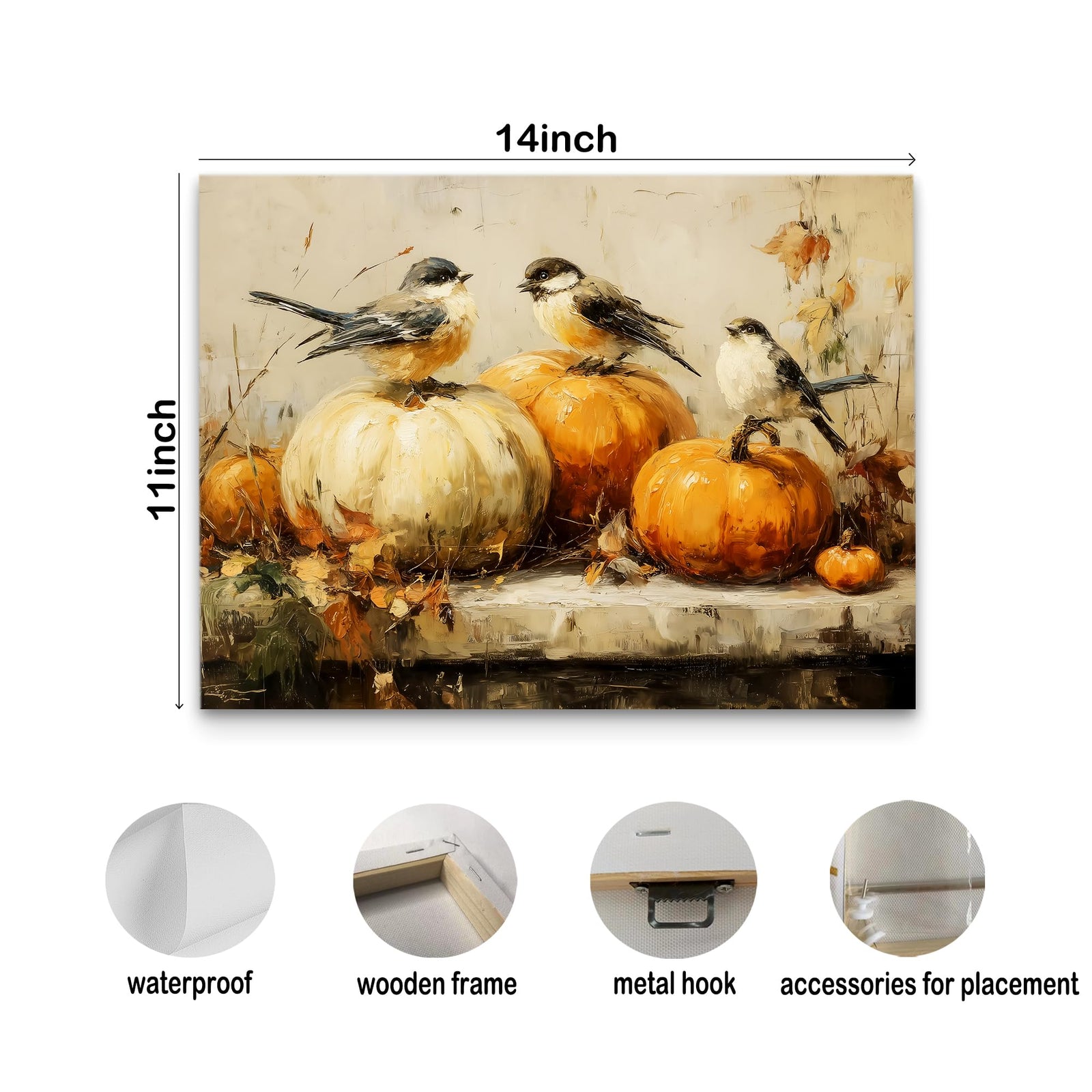 Pugwak Vintage Fall Pumpkin Bird Wall Art Canvas Print 11x14 Inch Landscape