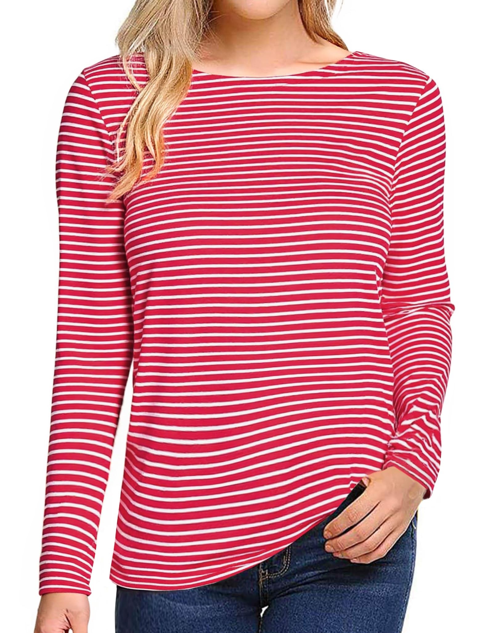 LilyCoco Womens Striped Long Sleeve Boat Neck Shirt Red Size M