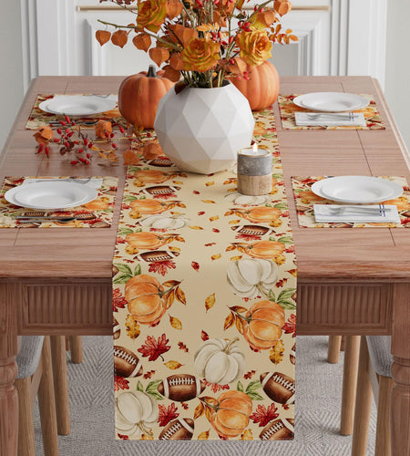 XCHI Fall Football Pumpkin Maple Leaves Table Runner Colored 13x108 Inch