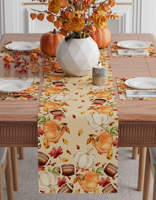 Load image into Gallery viewer, XCHI Fall Football Pumpkin Maple Leaves Table Runner Colored 13x108 Inch
