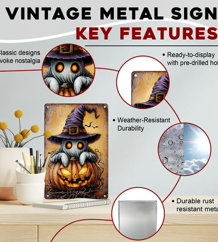 ARTWALLURE Halloween Pumpkin Ghost Vintage Metal Tin Sign 8x12 inch