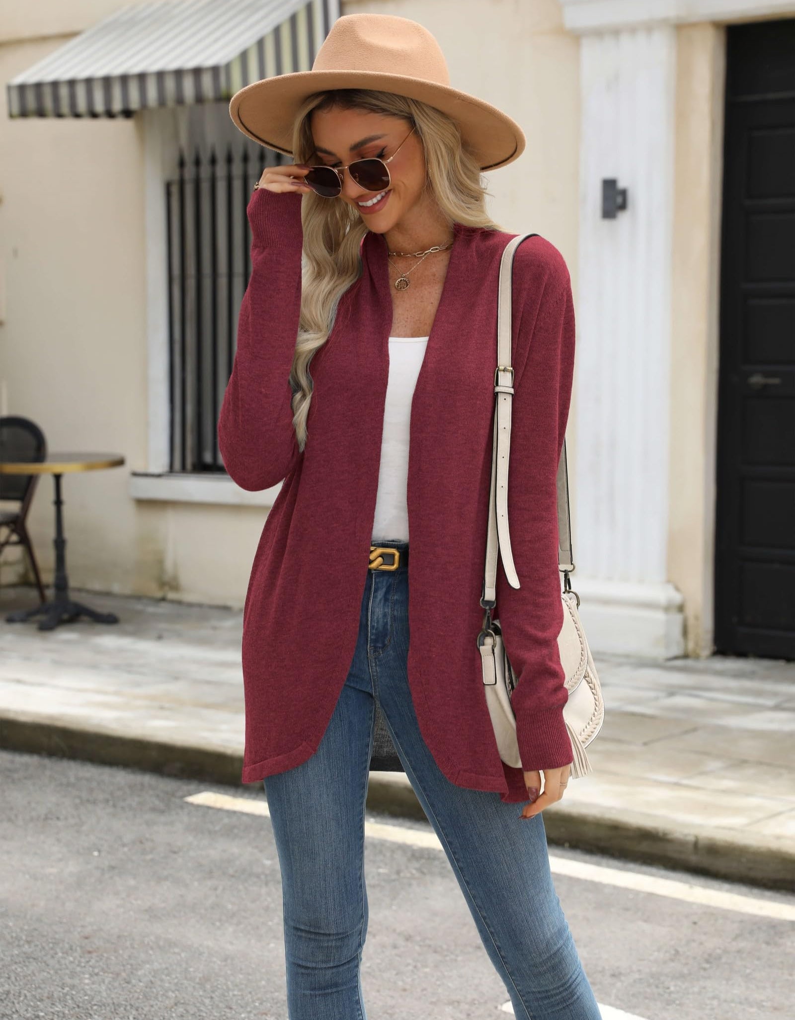 Vanfany Womens Lightweight Open Front Cardigan Knit Burgundy Size XL