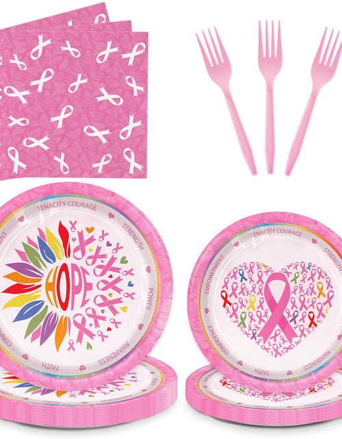 Load image into Gallery viewer, Detanpoly 96pcs Breast Cancer Awareness Pink Ribbon Plates Napkins Forks Set
