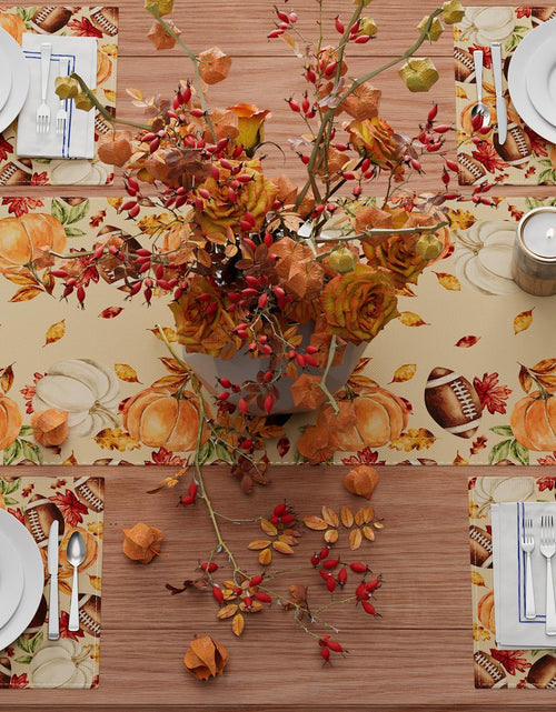 Load image into Gallery viewer, XCHI Fall Football Pumpkin Maple Leaves Table Runner Colored 13x108 Inch
