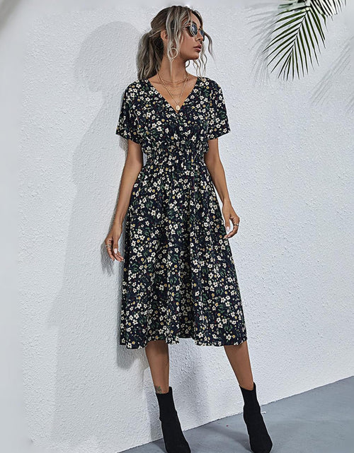 Load image into Gallery viewer, HEBELD Womens Midi Floral V Neck Wrap Dress Elastic Waist Black Size M
