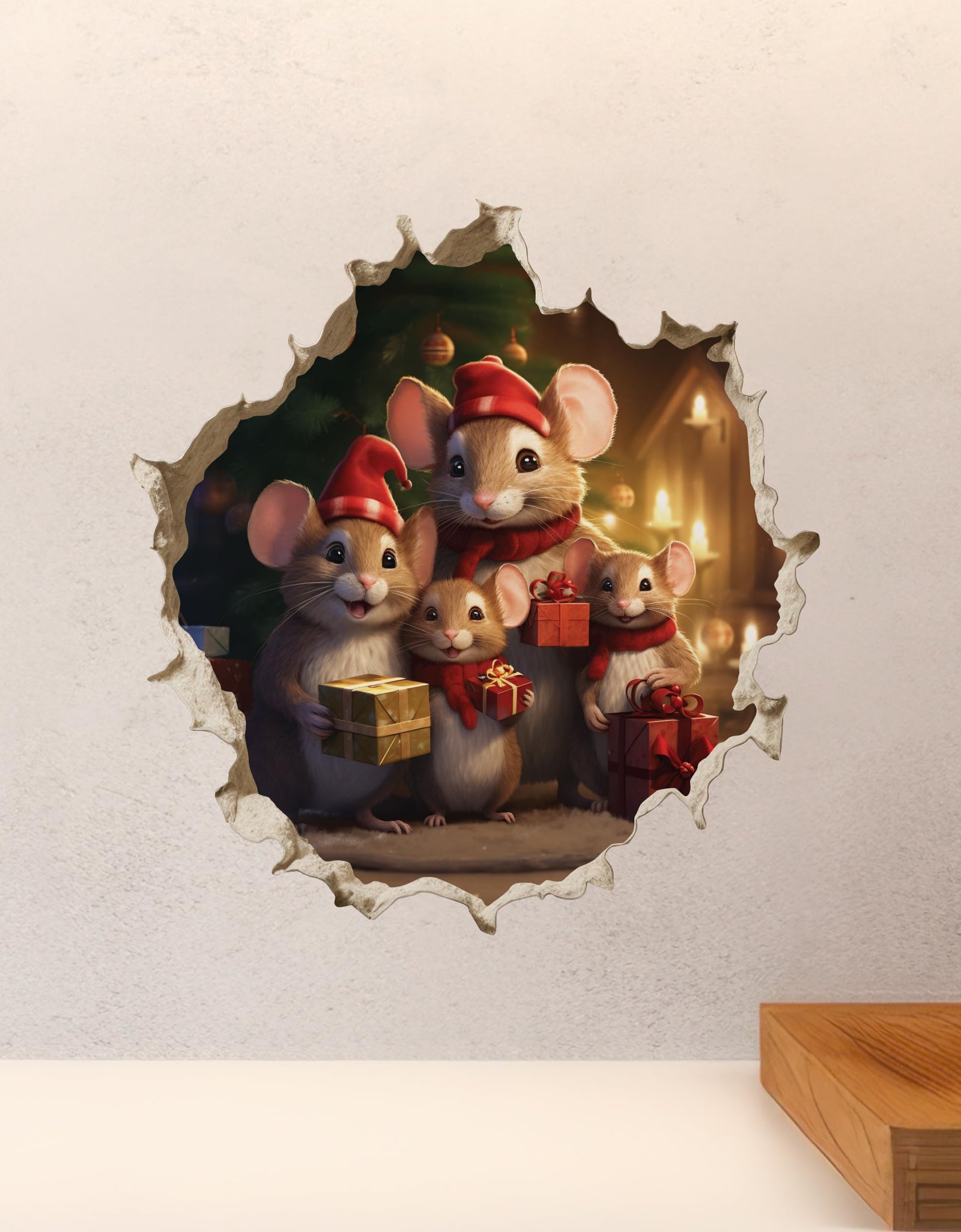 My Wonderful Walls Christmas Family Mouse Hole Decal 3D Effect 5x5 Multi
