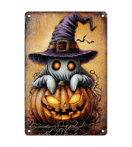 ARTWALLURE Halloween Pumpkin Ghost Vintage Metal Tin Sign 8x12 inch