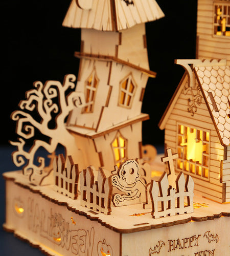 Houses halloween led light 3D wooden jigsaw puzzle puzzle toys handmade DIY gifts