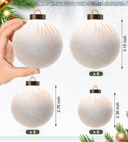 HyDren 24Pcs Beige Velvet Shatterproof Christmas Ornaments Balls 3.15,2.76,2.36"