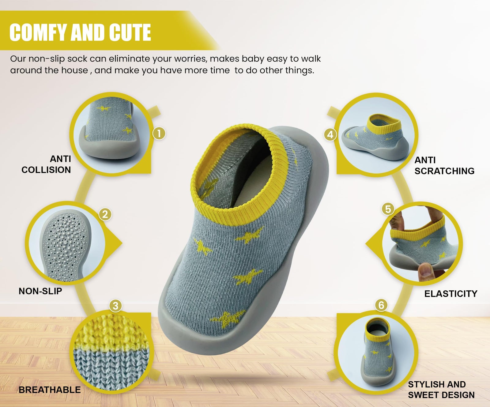 Dookeh Baby First Walking Shoes Non Slip Soft Sole Sneakers Yellow Toddler12-18M