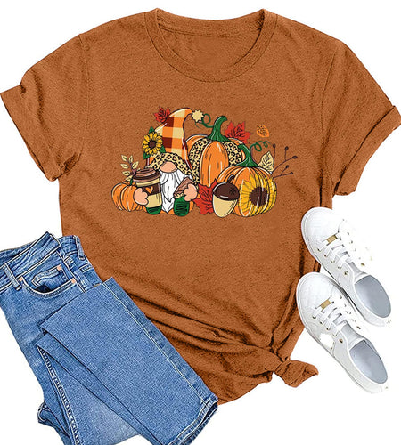 MAIHUN Womens Thanksgiving Shirt Cute Gnomes Pumpkin Fall Short Sleeve Size S