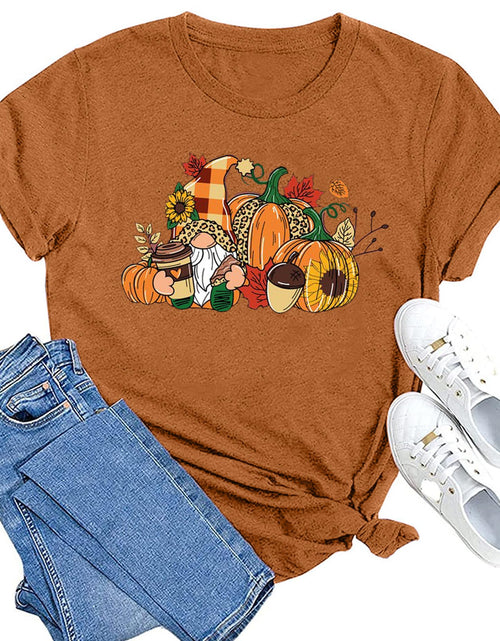 Load image into Gallery viewer, MAIHUN Womens Thanksgiving Shirt Cute Gnomes Pumpkin Fall Short Sleeve Size S
