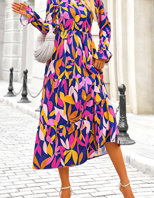 Load image into Gallery viewer, KIRUNDO Womens Long Sleeve Boho Floral Midi Dress Blue Purple Size M
