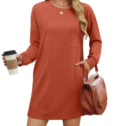 WIHOLL Fall Long Sleeve Mini Dress with Pockets Caramel Size L