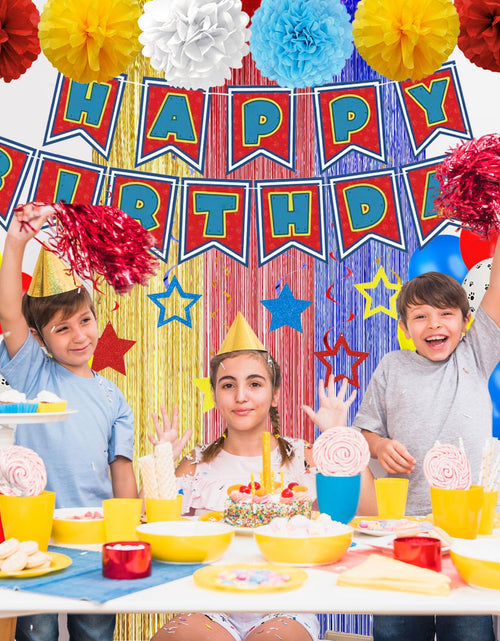 Load image into Gallery viewer, TRBSXRT Cartoon Birthday Decorations Gold Red Blue Foil Fringe Curtains Balloons
