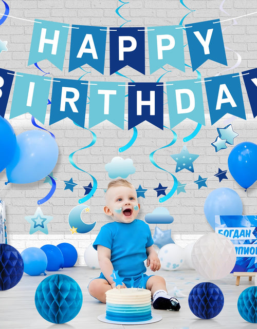 Load image into Gallery viewer, Crosize Blue Birthday Decorations Kit Pre-Strung Banner Tissue Poms Star Garland
