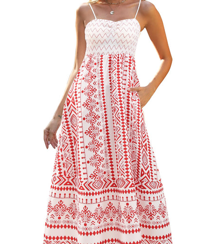 Gardenwed Women's Floral Maxi Dress Spaghetti Strap Smocked Bodice Red Size L