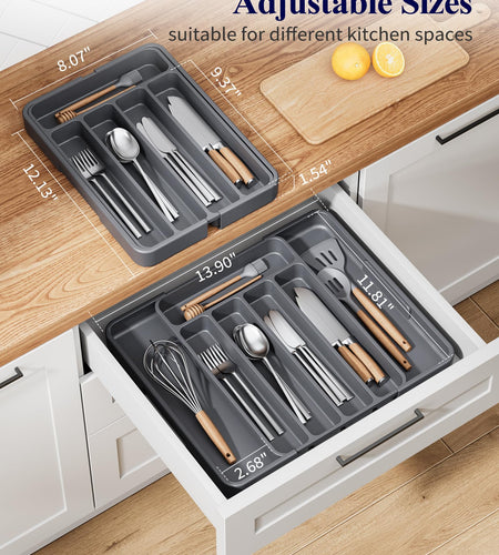 Kitsure Adjustable Cutlery Drawer Organizer Tray Grey 12.13x1.54x8.07-13.9"