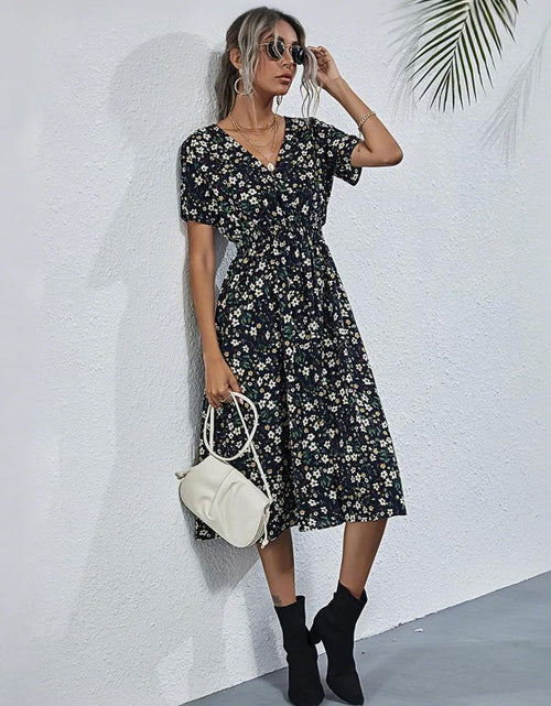 Load image into Gallery viewer, HEBELD Womens Midi Floral V Neck Wrap Dress Elastic Waist Black Size M
