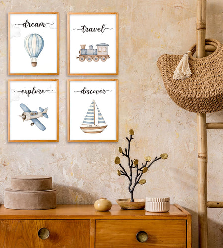 VIIJJUE Nursery Wall Art Set 4 Transportation Prints 8x10 Watercolor Blue