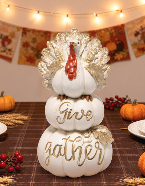 Load image into Gallery viewer, Hodao Thanksgiving Pumpkin Turkey Figurine 3 Stacked Pumpkins White Resin
