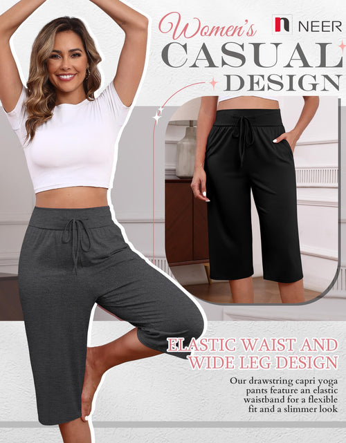 Load image into Gallery viewer, Neer Women's Capri Yoga Pants Wide Leg Drawstring Pockets Black Gray Small
