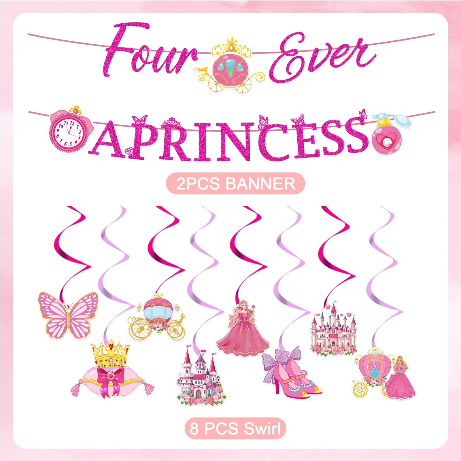 Romart Princess 4th Birthday Party Decorations 2 Banners 8 Swirls Pink Lavender