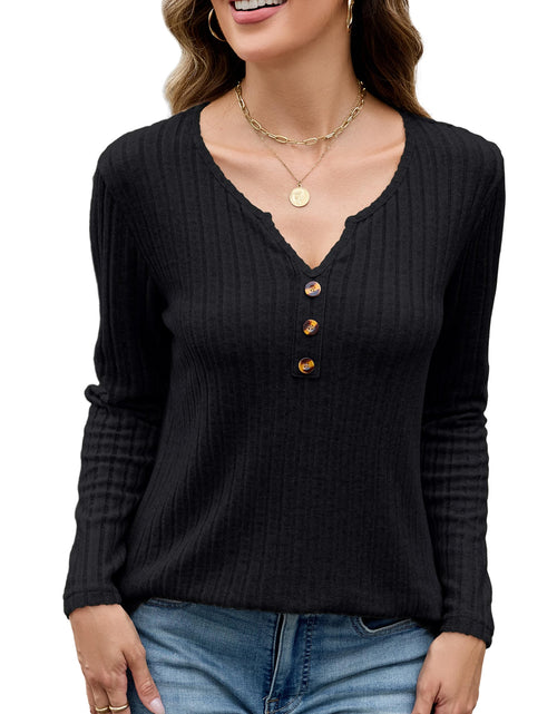 Load image into Gallery viewer, Edelqual Womens Long Sleeve Henley V Neck Sweater Black Size M
