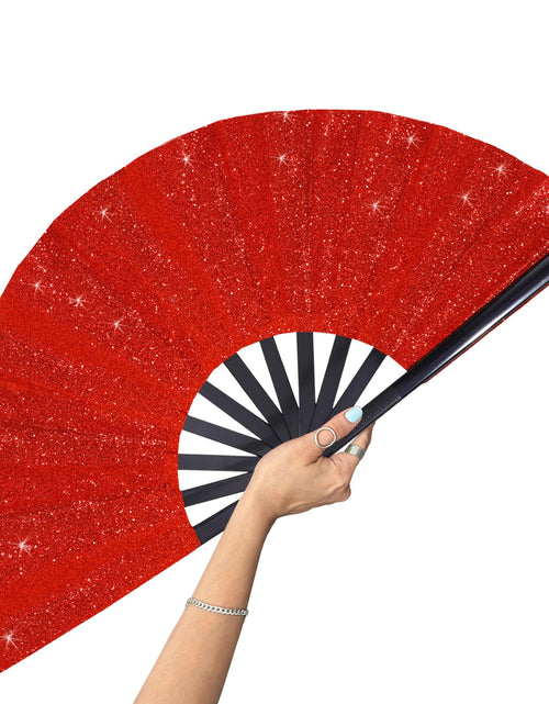 Load image into Gallery viewer, GeGeYa Large Folding Hand Fan Red Glitter for Dance Party Outdoor Decor
