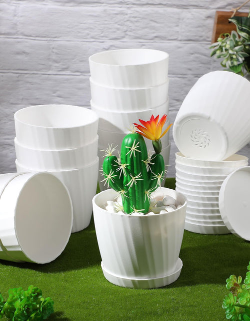 Load image into Gallery viewer, Layhit 30 Pcs 4.5 Inch White Plastic Plant Pots with Drainage Holes &amp; Saucers
