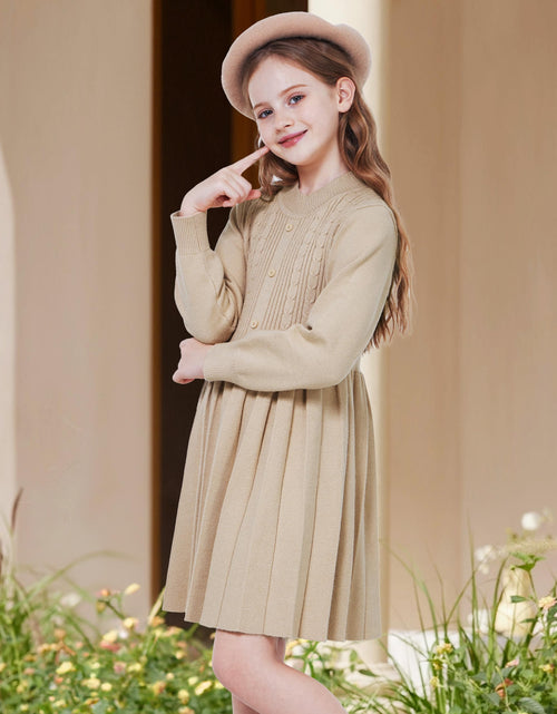 Load image into Gallery viewer, WULFUL Girls Long Sleeve Sweater Dress Pleated Knit Casual Fall Winter 5-12Y
