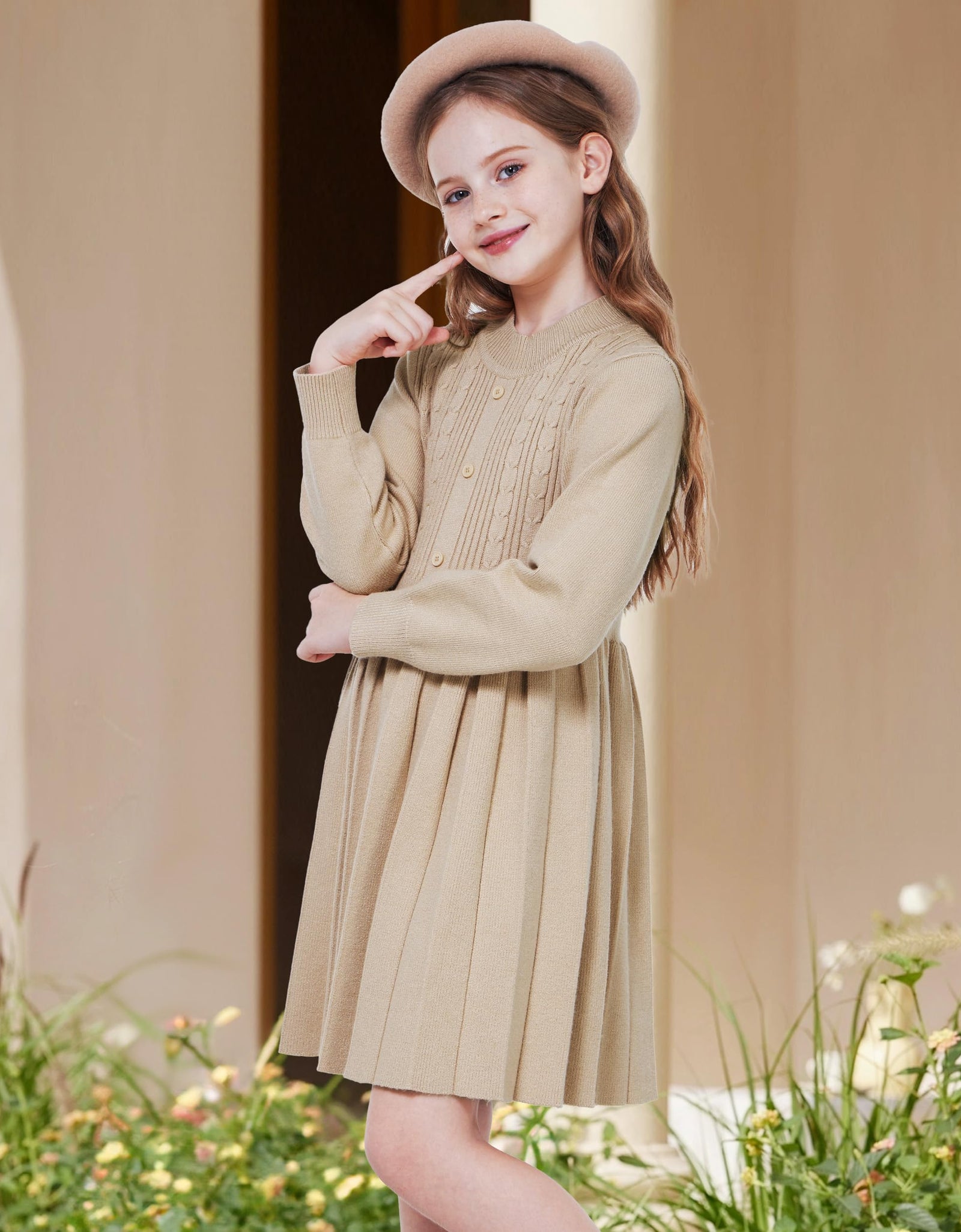 WULFUL Girls Long Sleeve Sweater Dress Pleated Knit Casual Fall Winter 5-12Y