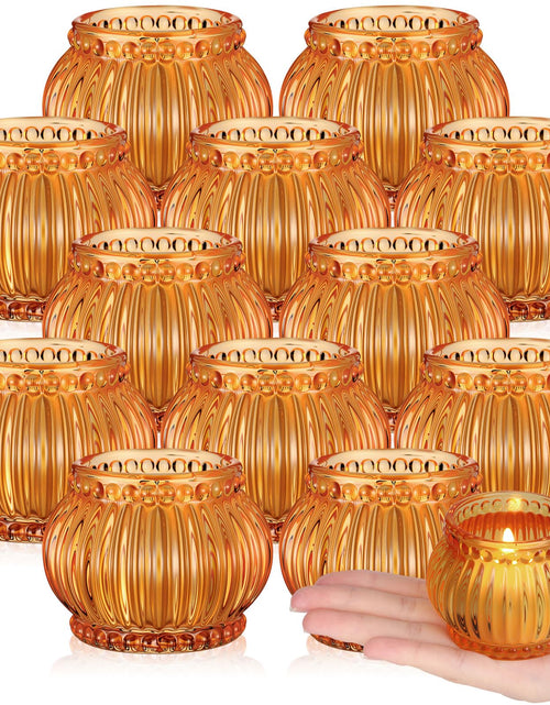 Load image into Gallery viewer, Mumufy 12 Pcs Orange Pumpkin Glass Votive Candle Holders Thanksgiving Decor
