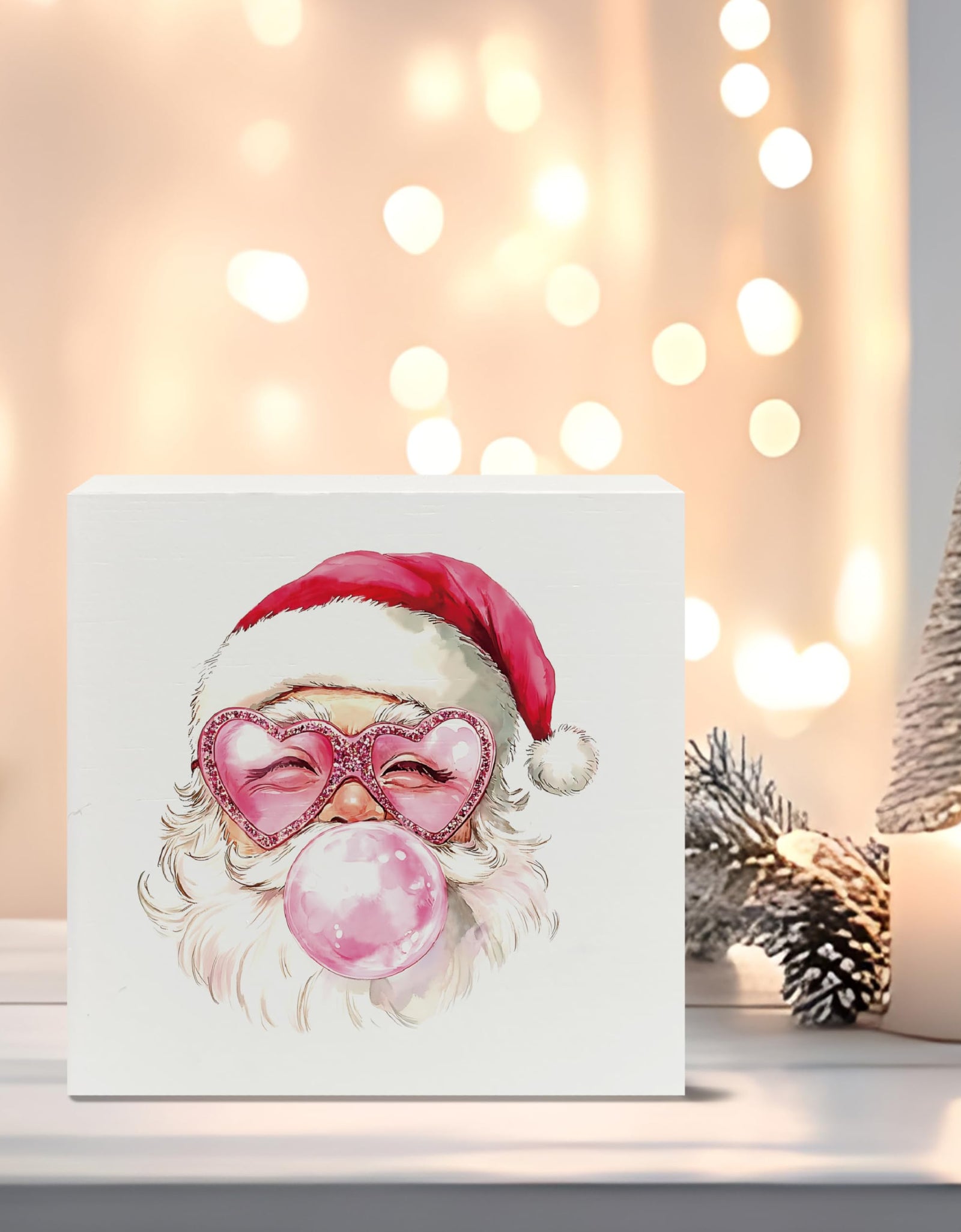 XUNLURY Santa Wooden Box Sign Pink Christmas Decor 5x5 Inch
