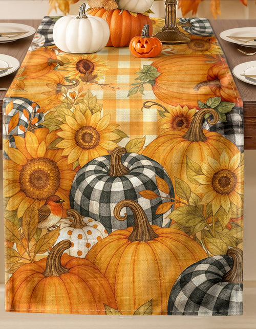 Load image into Gallery viewer, Miss Adola Pumpkin Plaid Fall Table Runner 13x72 Sunflower Decor
