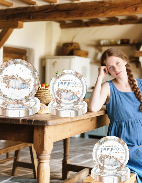 Load image into Gallery viewer, MEHOFOND Blue Pumpkin Baby Shower Party Supplies 193 Pcs Tableware Set
