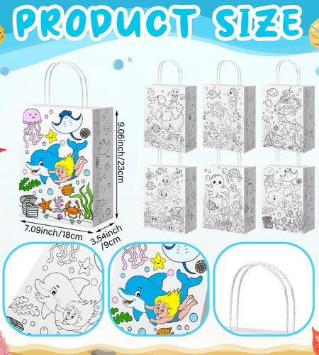 Yaomiao 24 Pcs Color Your Own Kraft Paper Tote Bags Sea Blue
