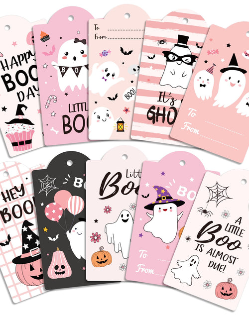Load image into Gallery viewer, MOZUI Halloween Thank You Tags 60pcs Pink Black Ghost Pumpkin Kraft Paper
