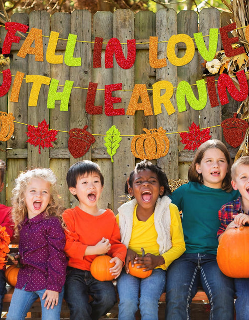 Load image into Gallery viewer, YWLACC Fall in Love with Learning Classroom Banner Autumn Leaves Pumpkin
