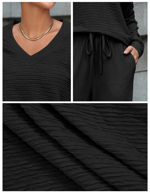 Load image into Gallery viewer, Amoretu Women's Lounge Set V Neck Top Wide Leg Drawstring Pants Black Size L
