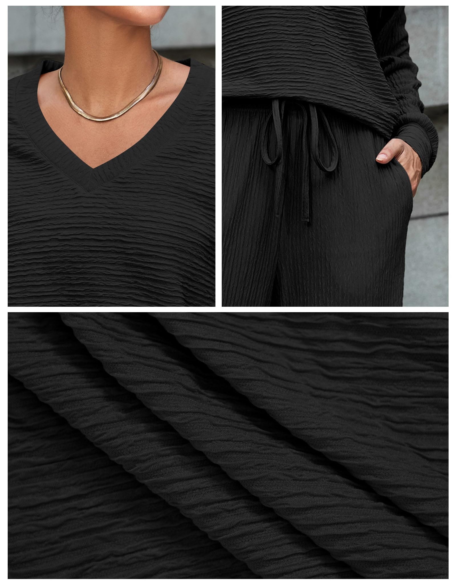 Amoretu Women's Lounge Set V Neck Top Wide Leg Drawstring Pants Black Size L