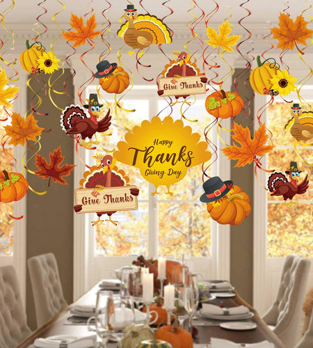 Blulu Thanksgiving Hanging Swirls Decorations Turkey Pumpkin Maple 30 Count
